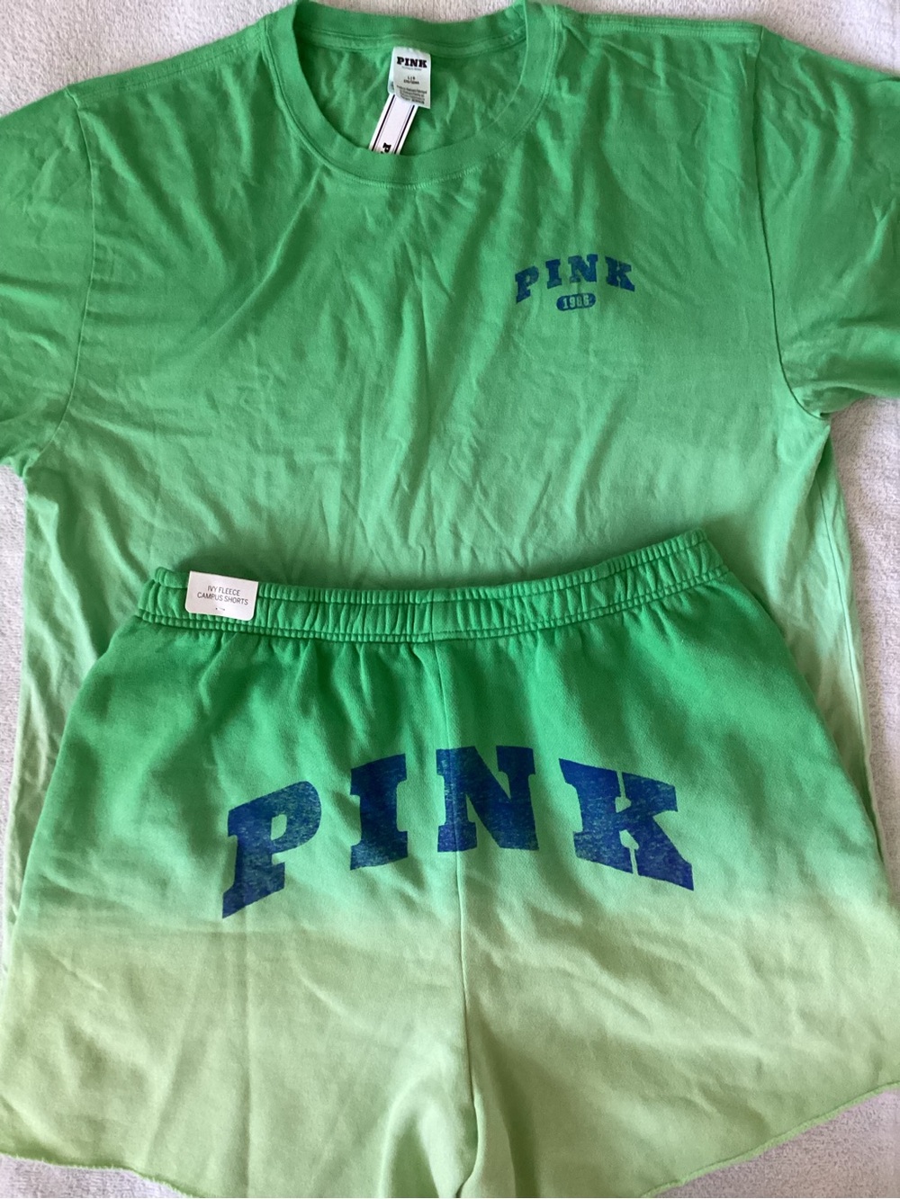 Victoria’s Secret PINK Ombré Petal Green Dip Dye Campus Shirt Fleece Shorts L